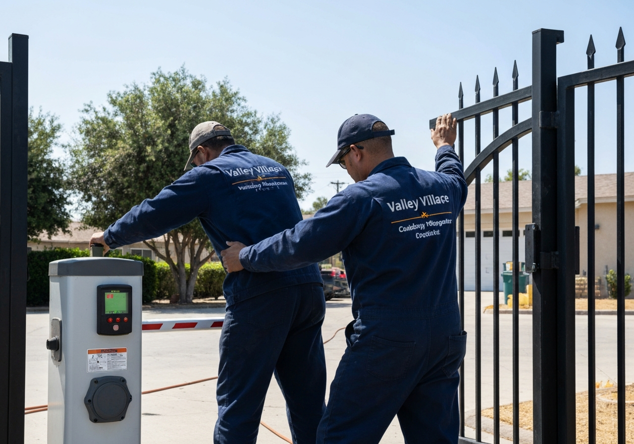 Gate access control technicians installing and maintaining automated gate systems.